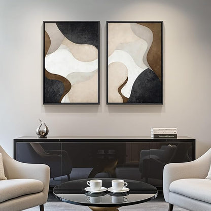 Framed Neutral Abstract Minimalist Wall Art Set of 2, Modern Canvas Prints Paintings Artwork for Walls, Black Beige Brown Abstract Art Pictures for Bedroom Living Room Dining Room Wall Decor 16x24 In