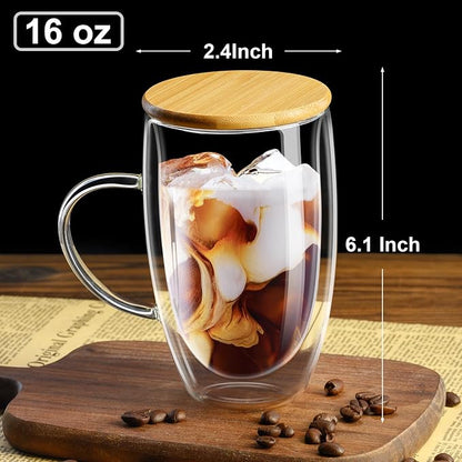 PARACITY Double Wall Glass Coffee Mugs 16OZ with Bamboo Lid/Spoon, Glass Coffee Cups Set of 2 with Handle, Insulated Clear Coffee Mug, Perfect for Latte, Cappuccino, Espresso, Hot Beverage, Tea | Each clear cup has a handle, bamboo lid and wooden spoon...