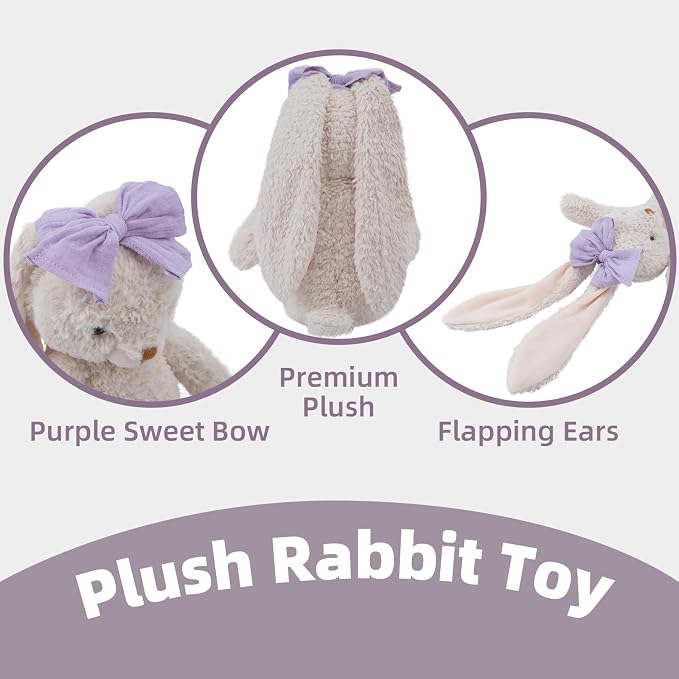 Bunny Stuffed Animal Soft Rabbit Cuddly Toy 10'' Long - Eared Plush Bunny with Purple Bow Plush Toys for Babies and Toddlers