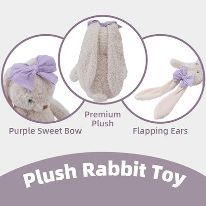 Bunny Stuffed Animal Soft Rabbit Cuddly Toy 10'' Long - Eared Plush Bunny with Purple Bow Plush Toys for Babies and Toddlers