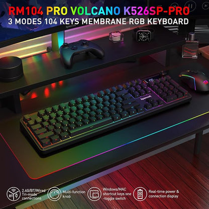 Redragon K526 PRO Wireless RGB Membrane Gaming Keyboard, LED Screen & Knob | See Battery, Mode & Time at a Glance, 0-Delay Tri-Mode, One-Touch Backlit & Media Adjust, 26-Key Anti-Ghost for Combo-Strike