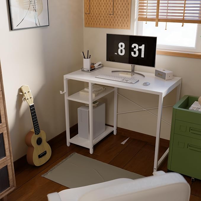 Pamray 32 Inch Small Computer Desk with Shelves for Bedroom Small Spaces | For Home Office, Dorm and Apartment, for Study and Writing, Headphone Hook, Space-Saving, Compact, Easy Setup