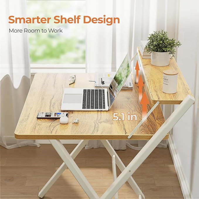 GreenForest Folding Desk No Assembly, Sturdy Computer Desk for Small Spaces | Portable Foldable Table for Laptop, 2-Tier Compact with Shelf, Space Saving for Home Office, Dorm, Apartment, 24.5"x 30" Oak