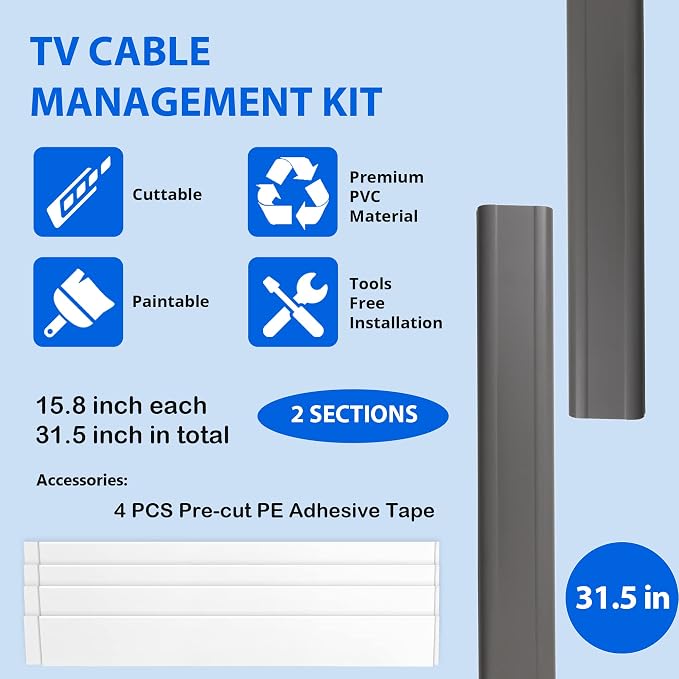 ZhiYo TV Cord Cover for Wall, 31.5 inch Cable Concealer, Cord Hider for Wall Mounted TV, Paintable Wall Cable Cover to Hide Wires, Grey Cable Raceway Kit, 2X L15.8in W1.5in H0.75in
