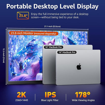 VisionOwl Portable Monitor for Laptop, IPS USB-C HDMI Travel Second Monitor for MacBook Pro Air, PC, PS5, Xbox, Portable Second Screen, Built-in Kickstand, Speakers, VESA Mountable, 23.8 Inch