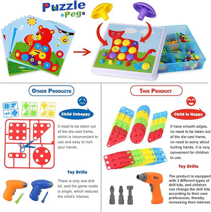 Creative Mosaic Tool Kit with Electric Drill, STEM Building Blocks for Kids, 223PCS Toy Construction Tools, Montessori Educational Construction Toys, Birthday Gift for Boys Girls Ages 3 4 5 6 7 8 9 10