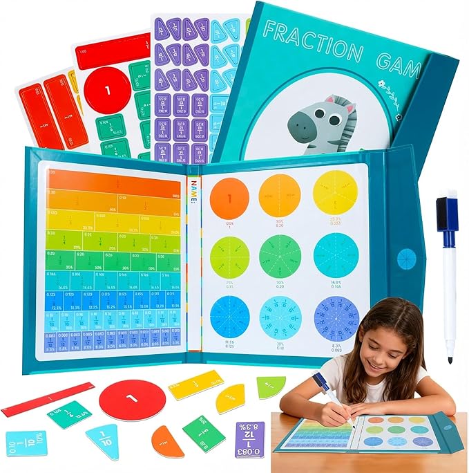 Magnetic Fraction Demonstration Book, 102 Pcs Magnetic Fraction Tiles & Circles Set for Kids, Fraction Manipulatives Montessori Math Games for Elementary School