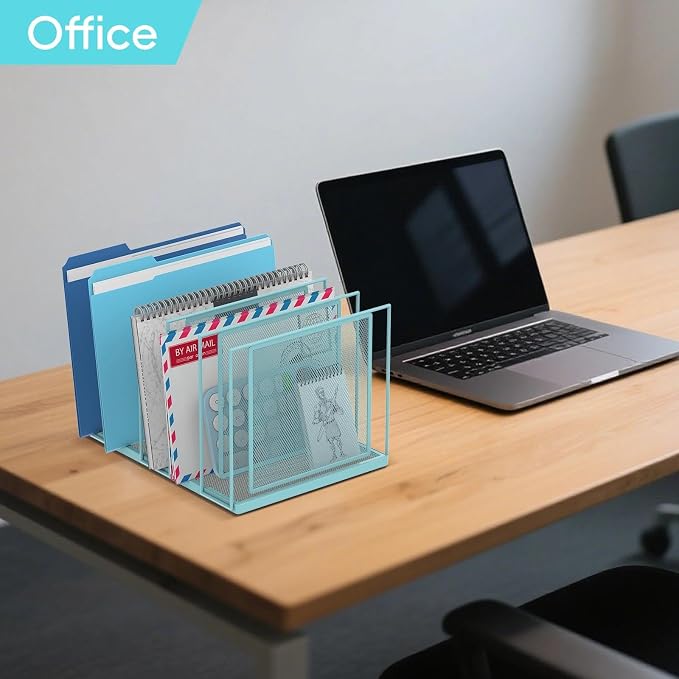 File Organizer for Desk, 5-Section Vertical File Sorter, Paper Holder Organizer Standing Metal File Folder for Office Home Classroom, Blue