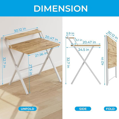 GreenForest Folding Desk No Assembly, Sturdy Computer Desk for Small Spaces | Portable Foldable Table for Laptop, 2-Tier Compact with Shelf, Space Saving for Home Office, Dorm, Apartment, 24.5"x 30" Oak