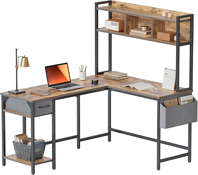 BANTI L Shaped Desk with Hutch, 58 inch Corner Computer Desk with Drawer,Home Office Gaming Table Workstation with Storage Bookshelf, Rustic Brown