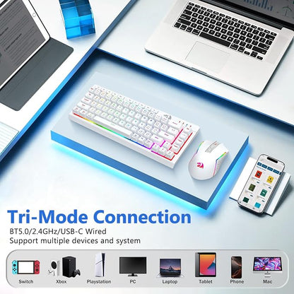 Redragon Wireless Gaming Keyboard and Mouse Combo, 60% Portable, White | Bluetooth/2.4G/USB-C Wired, RGB Backlit, Quiet Rechargeable Macro Membrane Keyboard & 12800 DPI Mouse for Win/MAC