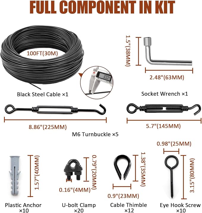 String Light Hanging Kit Outdoor, All-Black String Light Wire Hanging Kit Includ 100FT PVC Coated Steel Cable with Enough Accessories, Guide Wire for Outdoor String Lights, Patio Lights