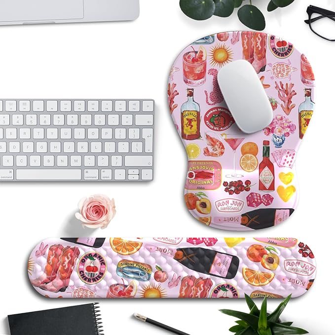 Cute Pink Mouse Pad and Keyboard with Wrist Rest Ergonomic Aesthetic Gaming Mouse Pads, Best Desk Decor Office Cute Pink Desk Accessories Mouse Pad with Wrist Rest, Vacation Style Soft Gel Material