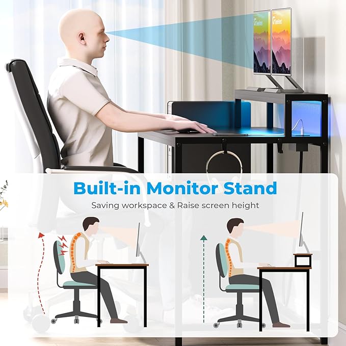GreenForest Small Desk for Bedroom, 39.4 inch Computer Desk with 2 Drawers, Gaming Desk with LED Light and Power Outlet, Reversible Office Desk with Monitor Stand, Desk for Small Spaces, Black