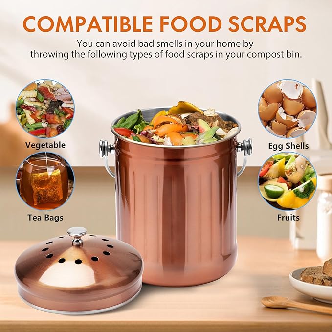 ENLOY Compost Bin for Kitchen Countertop, 1.3 Gallon Matte Copper Stainless Steel Compost Bucket with Lid, Odorless Food Waste Bucket with 2 Charcoal Filters, Indoor Compost Pail with SOFT-GRIP Handle