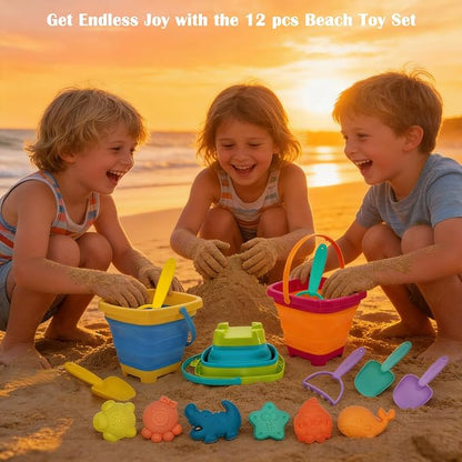 Beach Toys Essential Set for Kids 3-10, Collapsible Sand Bucket Set with 3 Shovels, 6 Sand Molds and Large Mesh Bag, Sand Toys for Beach, Sandbox Travel Toys for Toddlers Kids