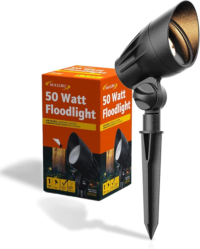 Malibu 50 Watt Floodlight Landscape Lights Outdoor Spotlight Waterproof Path Light Low Voltage Lighting with Spike Stand for Garden, Yard, Pathway, Lawn, Driveway Outdoor Lighting 8301-9601-01