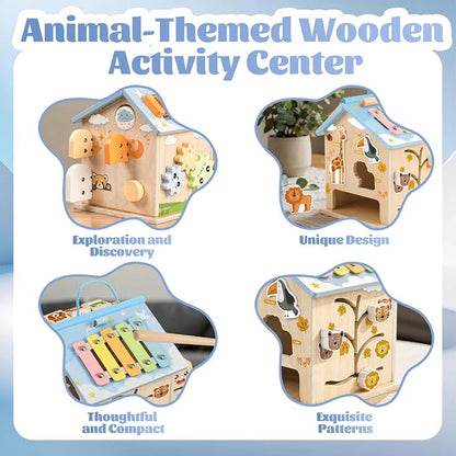 Wooden Activity Cube 8-in-1 Baby Activity Center Montessori Toys for 1 Year Old & Up Educational Learning Toys for Toddlers with Animal Friends