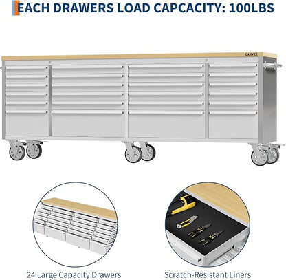 Garvee 96-Inch Heavy-Duty Rolling Tool Chest & Mobile Workbench with 24 Drawers, Rubber Wood Tabletop, Key Locking System, Drawer Liners and Wheels, Steel Storage Cabinet for Garage, Workshop