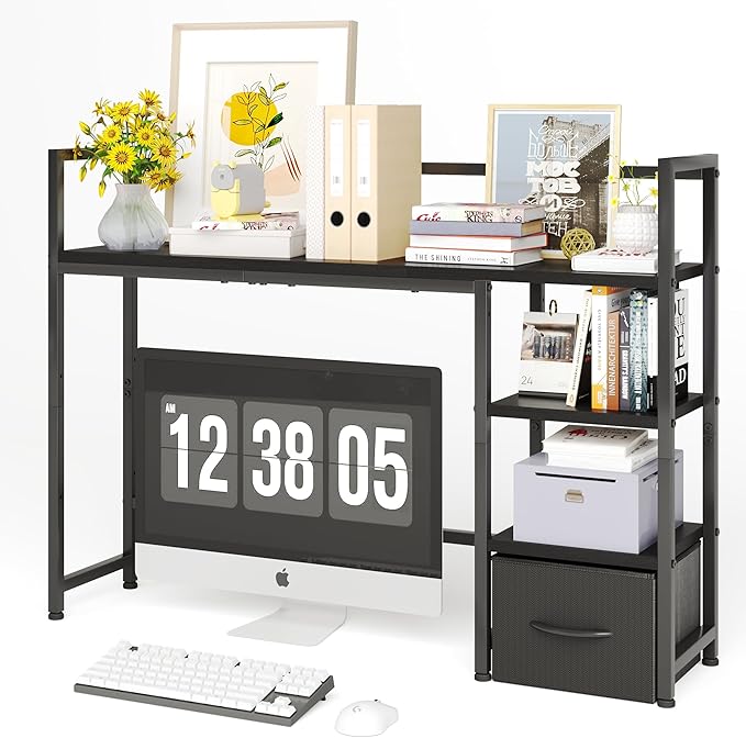Desk Shelf with Drawer, 41.3" Desktop Organizer Shelf, Desk Hutch for Computer Monitor Max 32", 3 Tier Desktop Display Rack, Wooden Desk Top Bookshelf Storage Rack for Home Office Dorm, Black