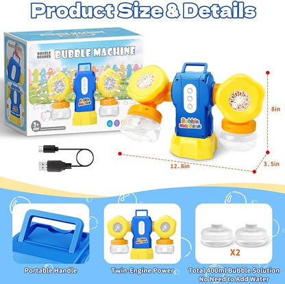 Dual-Engine Bubble Machine with LED Lights & Automatic 360° Rotation & 90° Adjustable, Type-C Rechargeable Bubble Blower Maker for Kids Birthday Parties Weddings Outdoor Activities