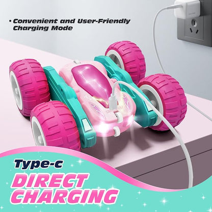 Tecnock Pink Remote Control Car for Girls and Boys, 2.4GHz RC Cars with USB-C Easy Charging, 4WD Double Sided 360° Rotates and Flips RC Stunt Car, Toys Gift for Kids Ages 6-8, 8-12