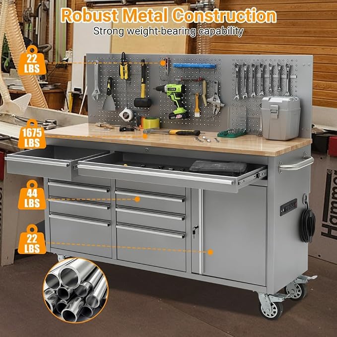 Heavy-Duty 10-Drawer Rolling Tool Cabinet & 61" Garage Workbench with Solid Wood Top, Power Strip, USB, 1675 lb Load, Ball-Bearing Slides, Locking Wheels, Mobile Tool Organizer in Silver