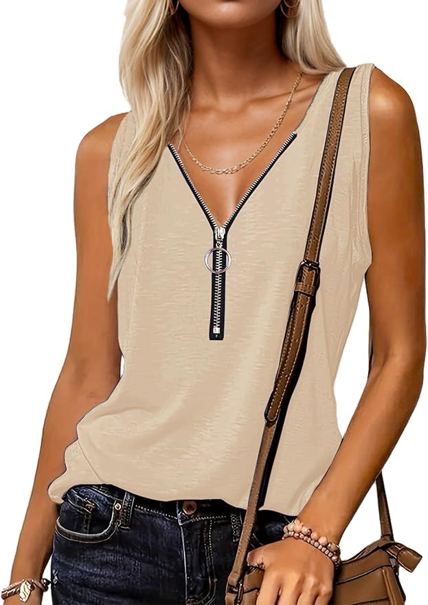 Halife Womens Half Zip V Neck Tank Tops Summer Sleeveless Shirts Casual Loose Top Blouses T Shirts