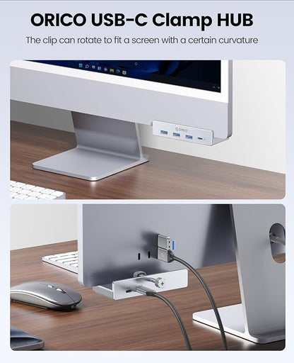 ORICO USB Hub 3.0, Clamp USB Hub with Extra Power Port, 3 USB-A Data Ports, USB-C Port for Monitors, Desks(Silver)