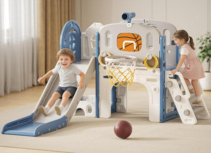 XJD 8 in 1 Toddler Slide Set, Kids Slide for Toddlers Age 1+, Climber Slide PlaySet with Basketball Hoop and Ball,Outdoor Indoor Playground for Toddlers 1-3 (Blue, Small)