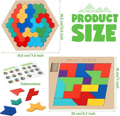 Yunsailing 3 Pack Large Wooden Blocks Puzzles Hexagon Tangram Puzzle Wooden Russian Brain Puzzles for Adult Challenge Teasers Geometric Jigsaw Logic Iq STEM Educational Gift Graduation(Fancy)