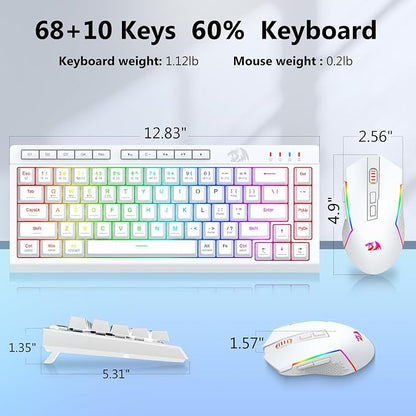Redragon Wireless Gaming Keyboard and Mouse Combo, 60% Portable, White | Bluetooth/2.4G/USB-C Wired, RGB Backlit, Quiet Rechargeable Macro Membrane Keyboard & 12800 DPI Mouse for Win/MAC