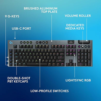 Logitech G915 X Lightspeed Wireless Gaming Keyboard (Clicky) - Black | Low Profile, Mechanical Switches, Double-Shot PBT Keycaps, RGB lighting, Aluminum finish, PC/Mac Compatible