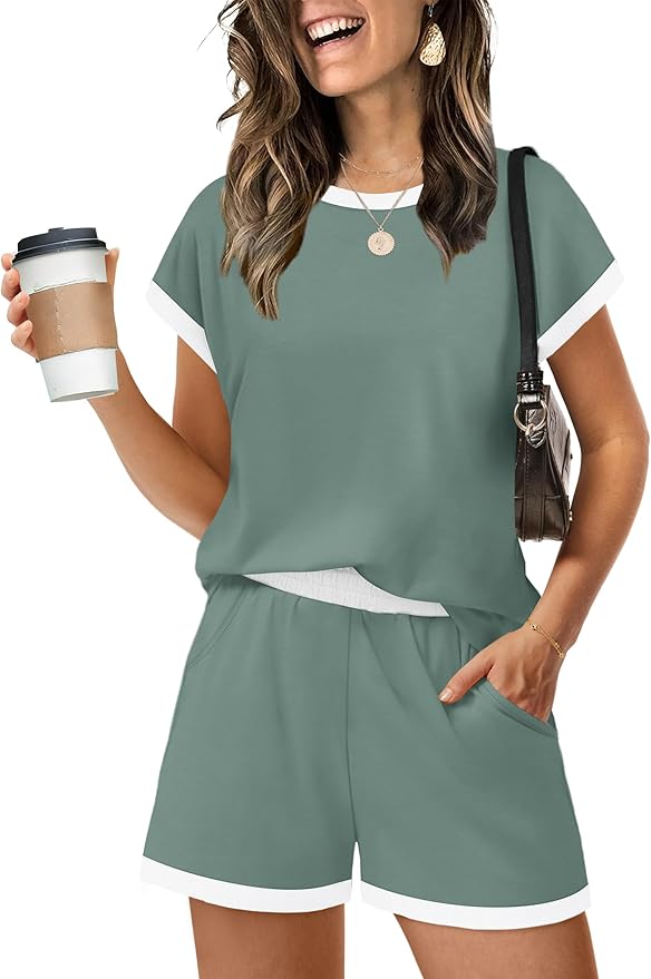 WIHOLL Two Piece Sets for Women Summer Lounge Short Sets Cap Sleeve Crew Neck Sweatsuit with Pocket XS-2XL