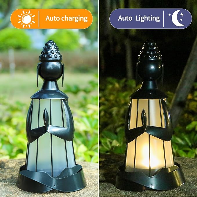 Solar Buddha Figurine Lights, Metal Buddha Statue Solar Lantern Outdoor Garden Statue with Led Lights for Patio, Lawn, Yard Ornament, Housewarming Gifts