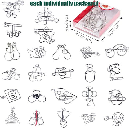 24 Pack Metal Wire Puzzles for Adults & Kids - IQ Brain Teaser Stress Relief Toys, Classic Interlocking Logic Games with Gift Box, Gift for Puzzle Lovers