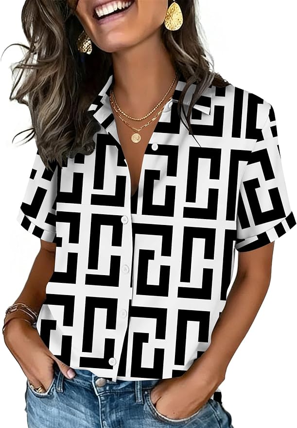Zeagoo Button Down Shirts for Women Short Sleeve Collared Tops Dressy Casual V Neck Blouses