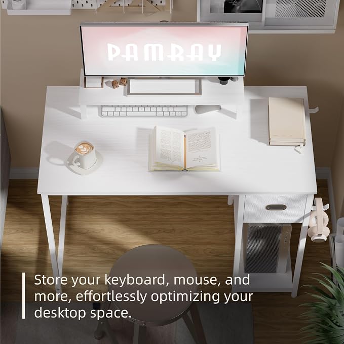 Pamray 39 Inch Small Computer Desk with Monitor Stand and Drawer for Gaming | Small Gaming Desk, for Bedroom Small Spaces, Home Office, Dorm and Apartment, for Writing, Study and Working