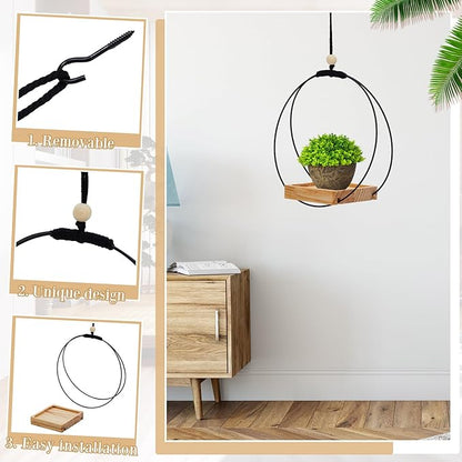 Geelin 4 Pack Plant Hanger with Wood Base Hanging Window Planter Boho Macrame Hanging Potted Plant Holders for Indoor Outdoor Window Wall Ceiling Home Decoration, Pot & Sapling Not Included (Khaki)