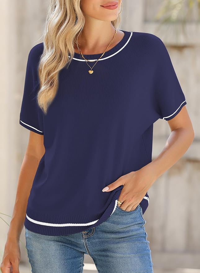 SHEWIN Womens Tops Trendy Short Sleeve Shirts Crewneck Lightweight Knit Sweater Top Business Casual Outfits