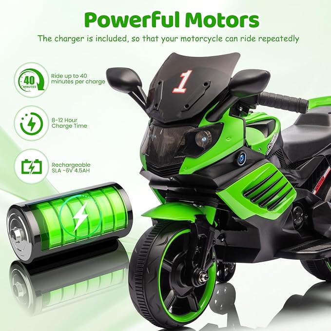 Kids 6V Ride On Motorcycle, Battery Powered Ride On Toys w/Treaded Tires, Working Headlight, Horn, Music, Training Wheels, Stable Electric Toddler Motorcycle for Kids, Gift for Boys Girls, Green
