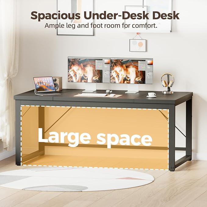 Mericonia 63x28 Inch Computer Desk, 1" Thick Large Office Table, Black | Modern Simple Style, Heavy Duty Industrial Frame, Large Study & Writing Table for Home Bedroom Work