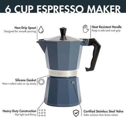 Primula Classic Moka Pot Stovetop Espresso and Coffee Maker, Italian and Cuban Cafetera for Rich Espresso Brewing, Durable Aluminum Greca Coffee Maker with Easy Grip Handle, 6-Cup, Blue