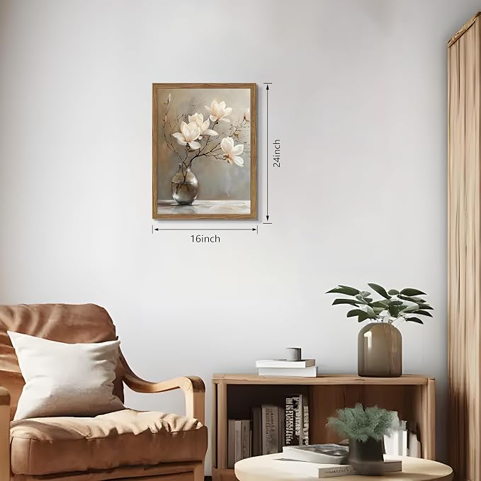 Framed Flower Canvas Wall Art, White Magnolia Branch in Vase Poster Prints, Elegant Nature Still Life Botanical Artwork, Modern Minimalist Wall Decor for Living Room Bedroom Bathroom 16x24in