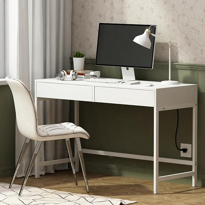 Treocho Computer Desk with USB Charging Ports and Power Outlets, Modern Simple 47 inch White Desk with 2 Drawers, Vanity Desk, Makeup Table for Home Office, Bedroom