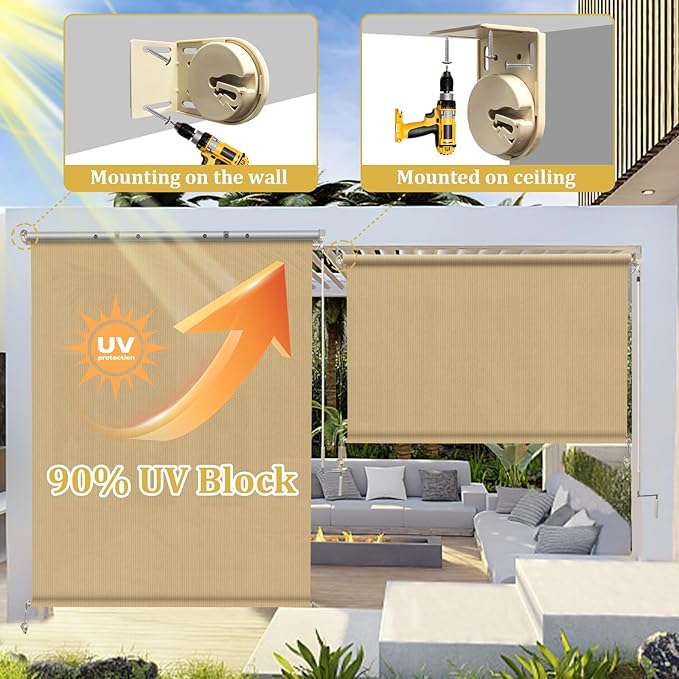 Shade&Beyond Outdoor Roller Shades with Splicing Design, 5' W x 8' H Cordless Patio Roll Up Blinds, Exterior Shade Cloth Roll for Porch, Gazebo, Pergola, Balcony, Wheat