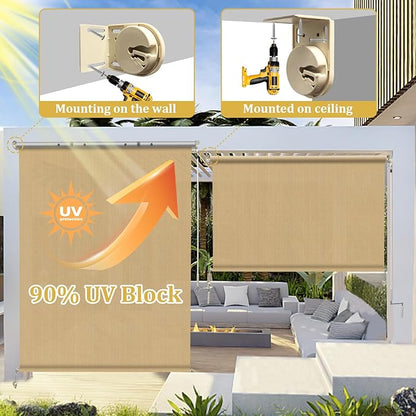 Shade&Beyond Outdoor Roller Shades with Splicing Design, 5' W x 8' H Cordless Patio Roll Up Blinds, Exterior Shade Cloth Roll for Porch, Gazebo, Pergola, Balcony, Wheat
