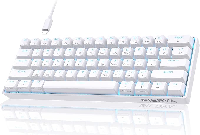DIERYA 60% Mechanical Keyboard, DK61se Wired Gaming Keyboard with Blue Switches, LED Backlit Ultra-Compact 61 Keys Mini Office Keyboard for Windows Laptop PC Gamer Typist（White）
