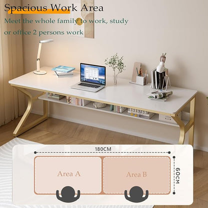 OSCHF 71-Inch Extra Long Desk with Storage Shelf, Gold | Double Long Writing Table, Space-saving, 2-Person Workstation, Modern Study Work Computer Desk, For Home Office