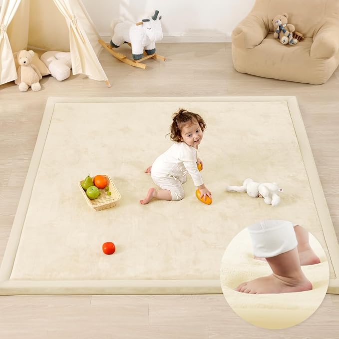 1.3" Thick Baby Play Mat for Floor Playpen, 71x59 Large Foam Tummy Time Mat, Padded Support Soft Plush Nursery Rug for Infant Kids Toddler Crawling Kick Activity (Ivory)